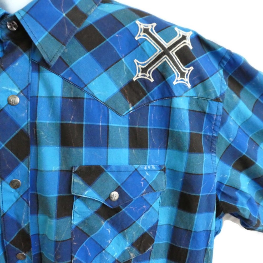Wrangler Rock 47 Western Shirt Button Snaps Peaked Yokes Pocket Flaps Check XL